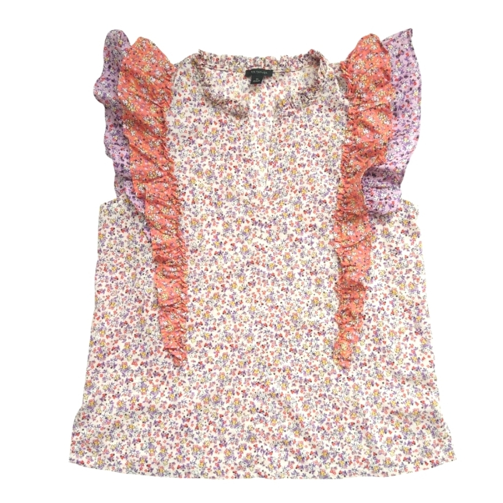 ANN TAYLOR Floral Ruffle Trim Shell Blouse Top Pink Orange Lilac Size XS - Picture 5 of 13